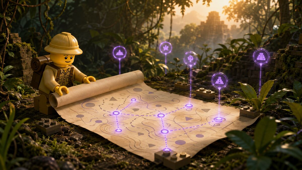 Bricky explorateur construisant une carte de contexte avec des repères lumineux violets dans la jungle.
