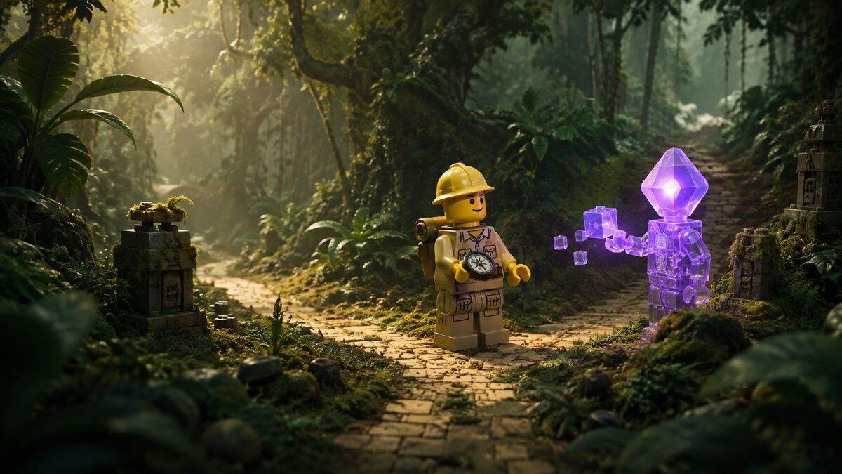 Bricky explorateur choisissant ce qu’il délègue à une intelligence artificielle lumineuse dans une jungle immersive.