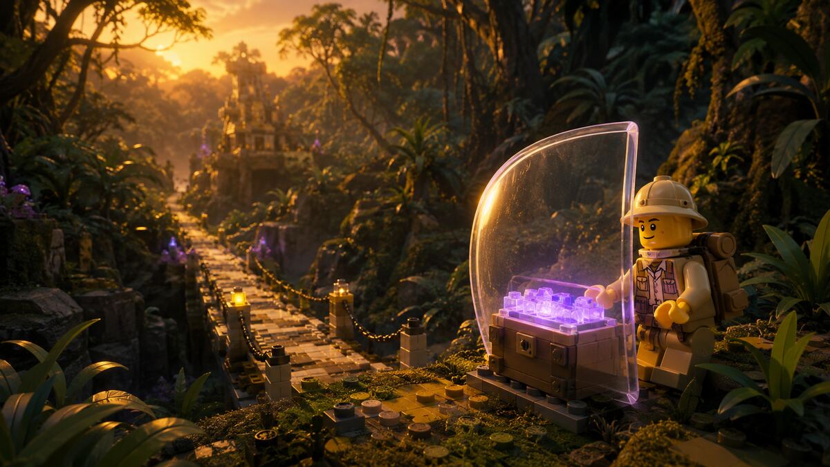 Bricky explorateur protégeant des données avec un bouclier dans une jungle immersive.