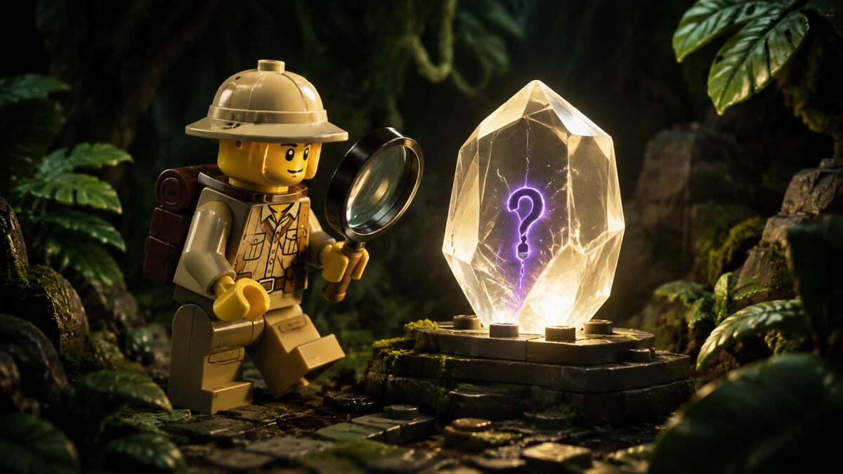 Bricky explorateur vérifiant une réponse lumineuse avec une loupe dans la jungle.